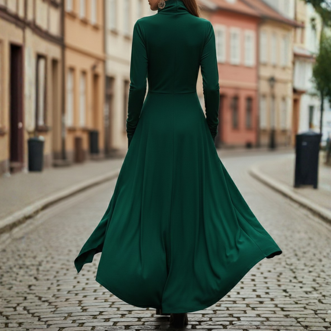 Vestido largo asimétrico plisado de cuello alto y manga larga para mujer