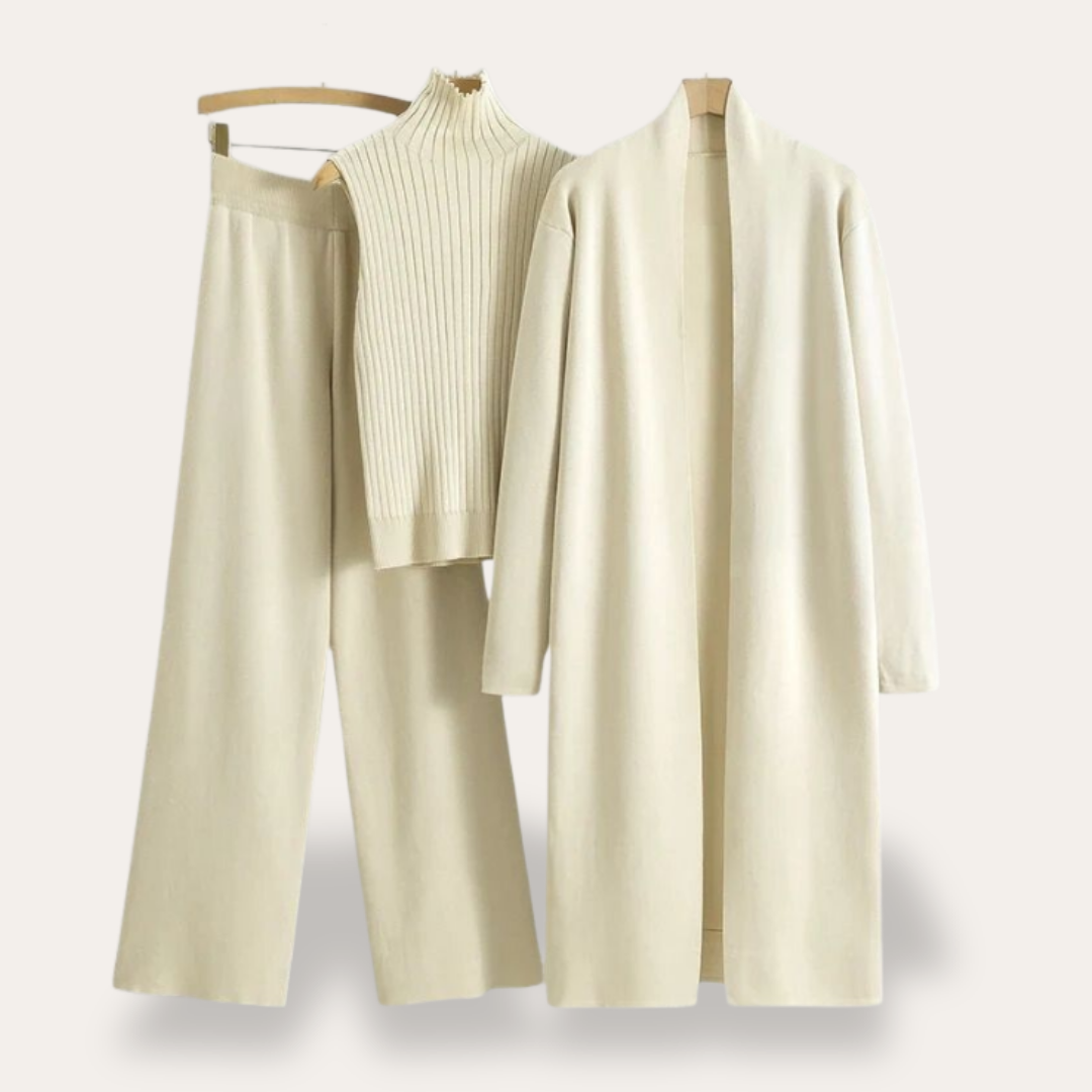 Damen Strick Set 3-teilig mit Mantel aus Feinstrick | Vestea