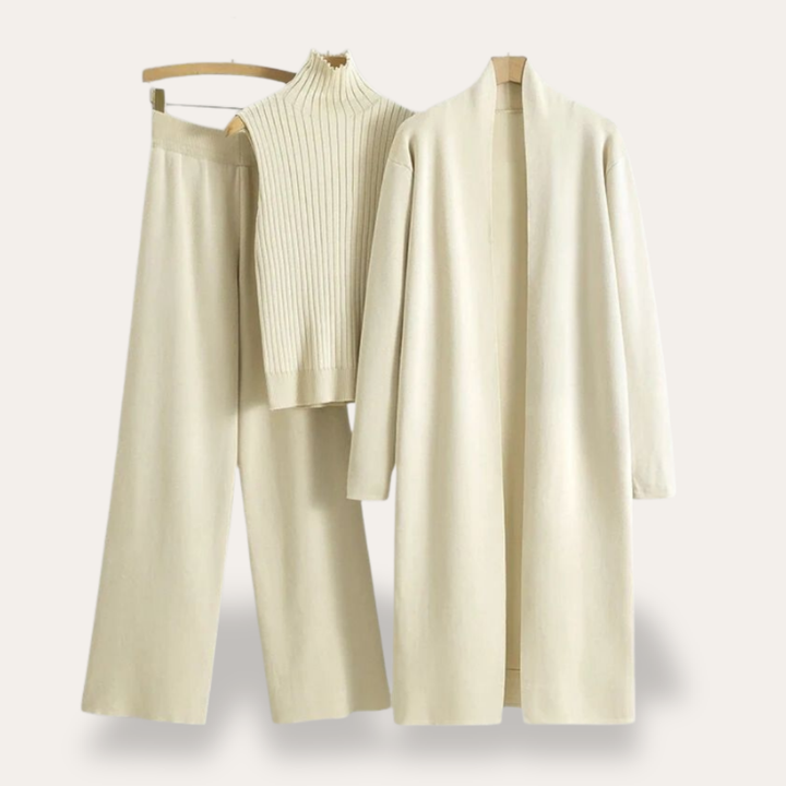 Damen Strick Set 3-teilig mit Mantel aus Feinstrick | Vestea