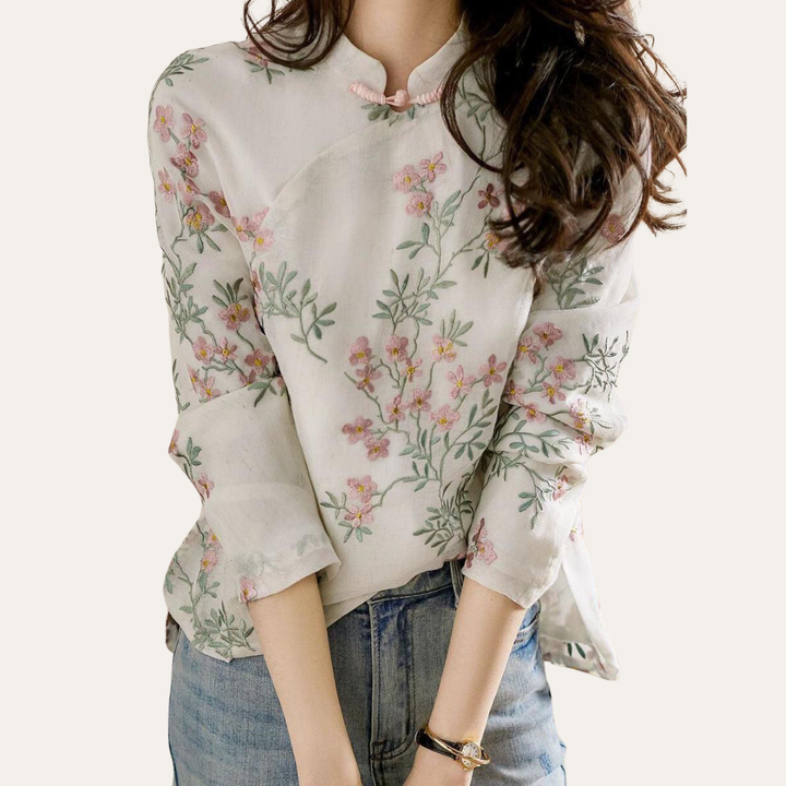 Damen Bluse Leinen Stickerei Langarm Stehkragen Frühling Top Elegant | Vestea