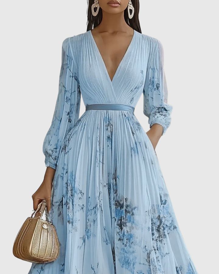 Vestido Maxi para Mujer de Satén Plisado con Escote en V, Manga Larga y Cintura Ajustable