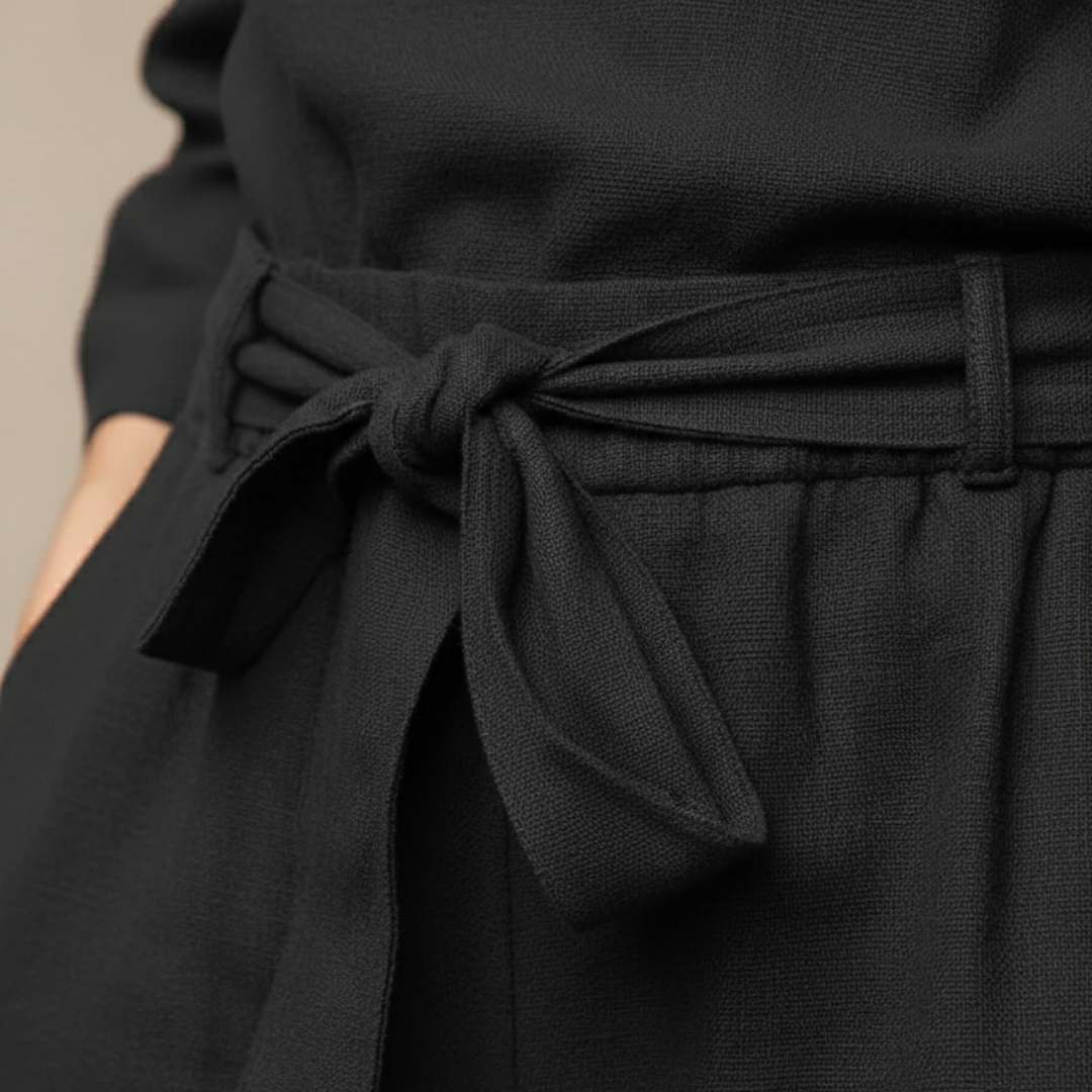 Ensemble deux pièces haut à manches longues ceinturé pantalon fuselé femme