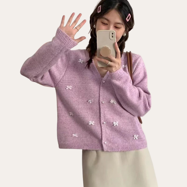 Damen Cardigan mit Schleifenstickerei | Vestea