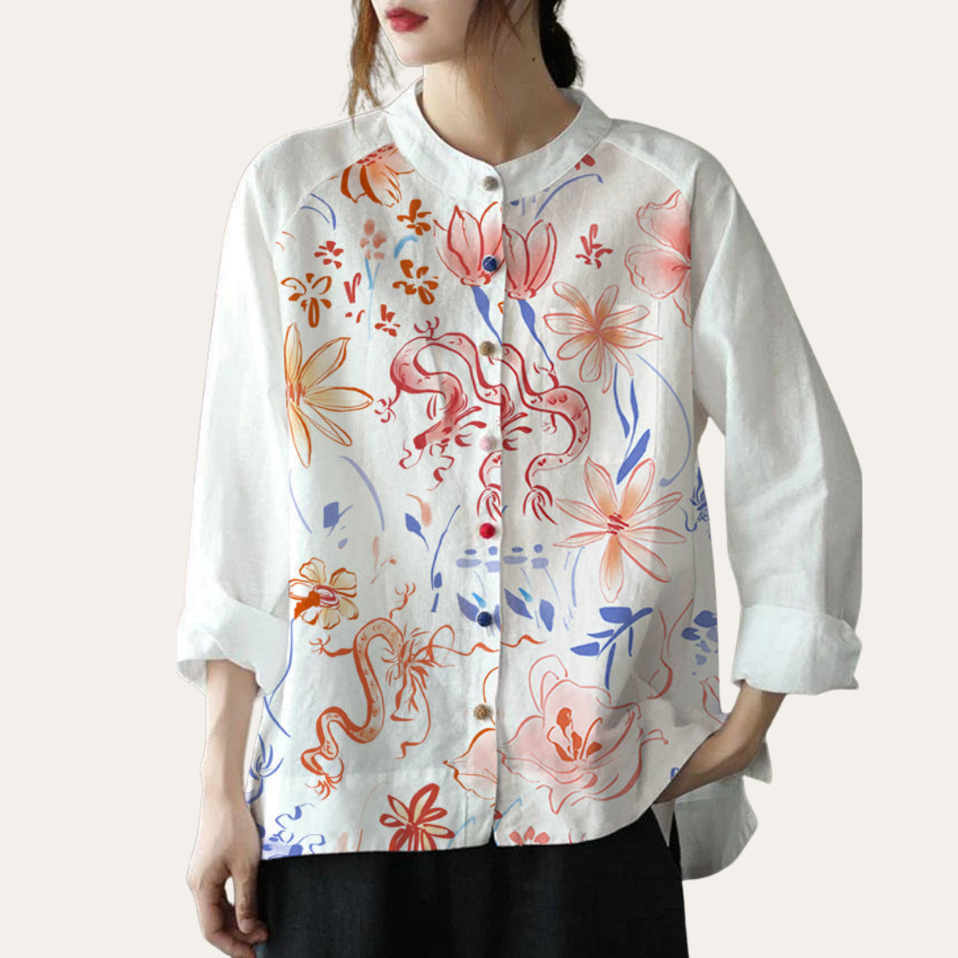 Damen Leinen Bluse mit Muster Langarm Freizeit Hemdkragen Shirt | Vestea