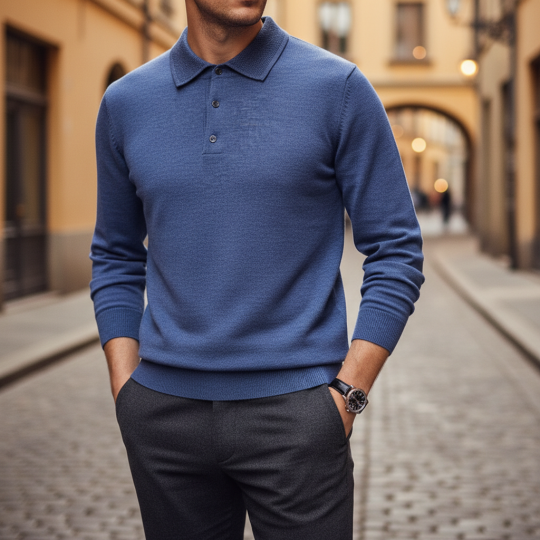 Camiseta de punto para hombre con cuello tipo polo y manga larga