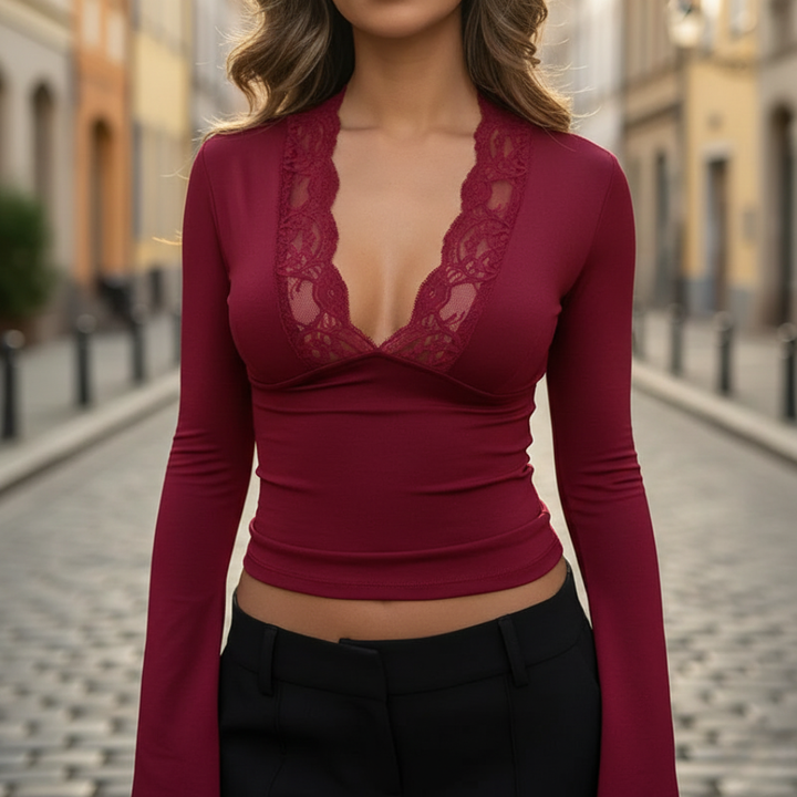 Damen Spitzen V-Ausschnitt Langarm Stretch Top | Vestea