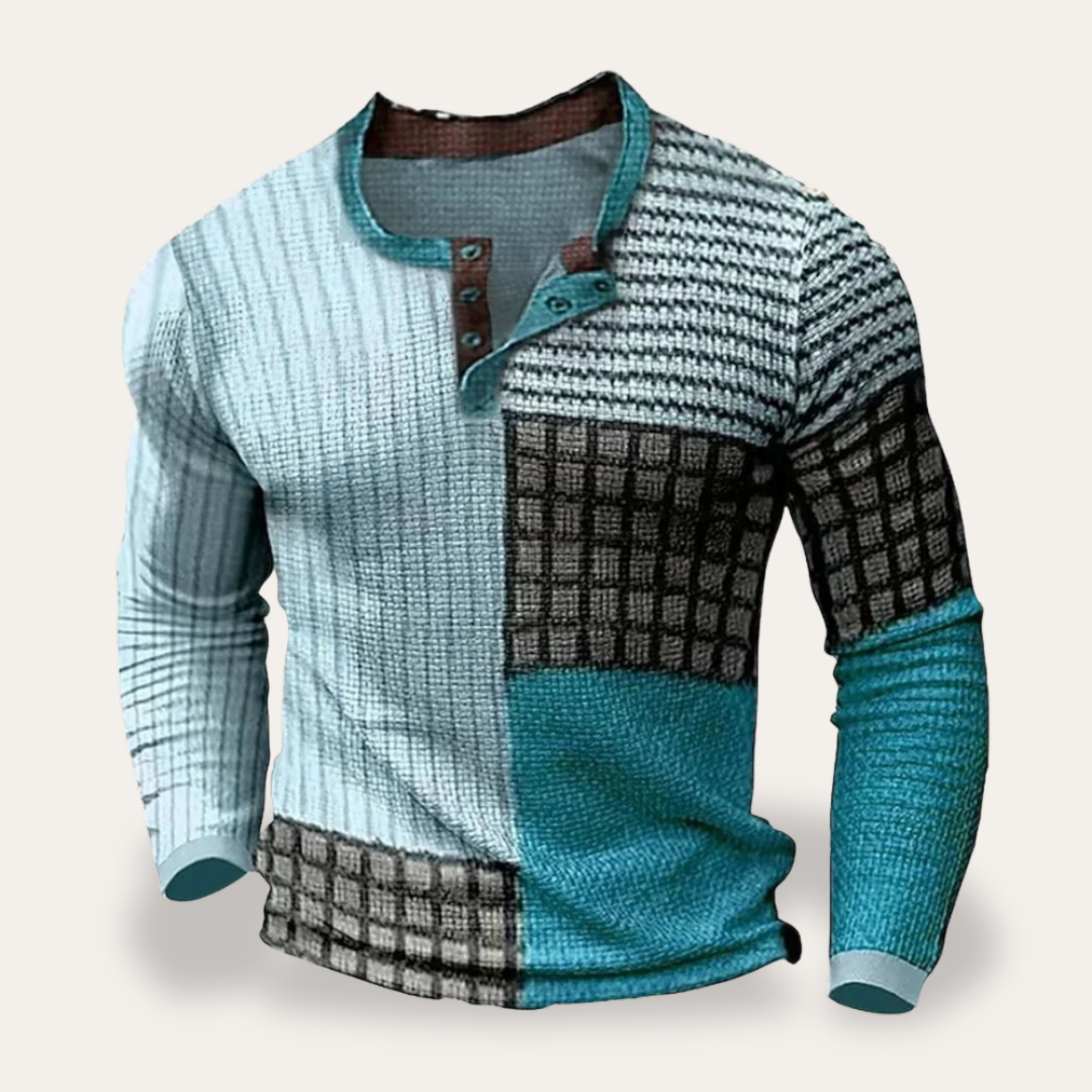 Herren Langarmshirt mit Knopfleiste Patchwork Baumwolle Freizeit | Vestea