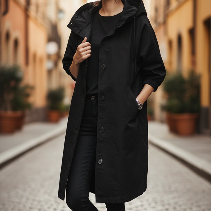 Damen Regenmantel Rot Kapuzenmantel Lang |  Vestea