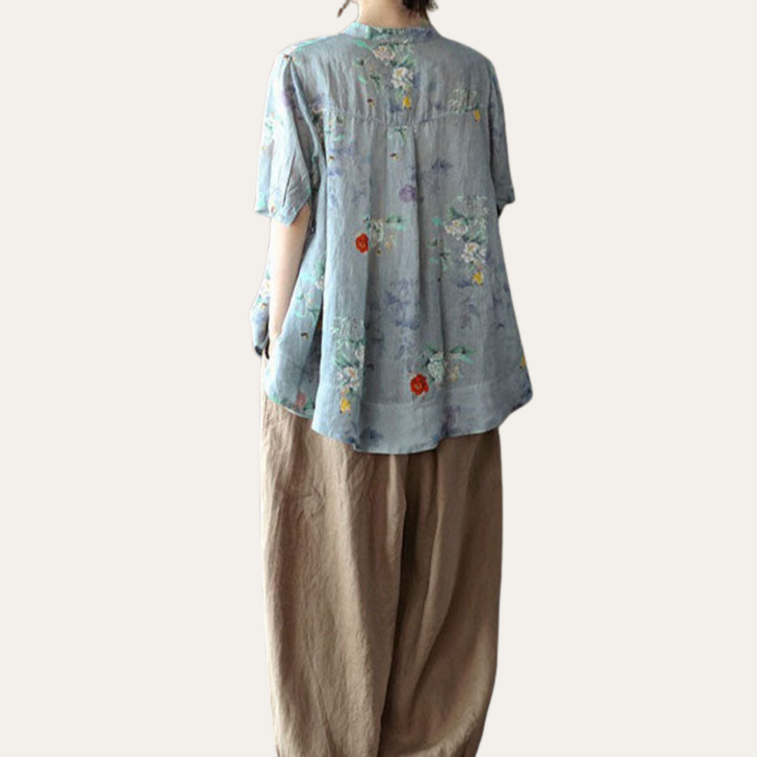 Damen Sommer Leinenbluse Print Kurzarm Stehkragen | Vestea