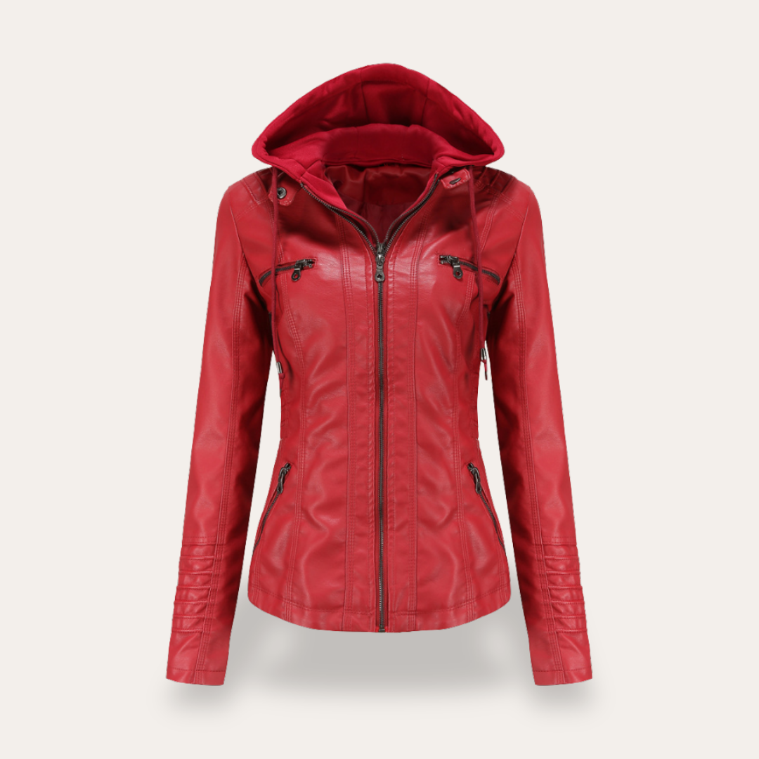 Damen Bikerjacke mit Kapuze Kunstleder Reißverschluss Slim Fit | Vestea