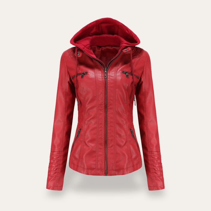 Damen Bikerjacke mit Kapuze Kunstleder Reißverschluss Slim Fit | Vestea