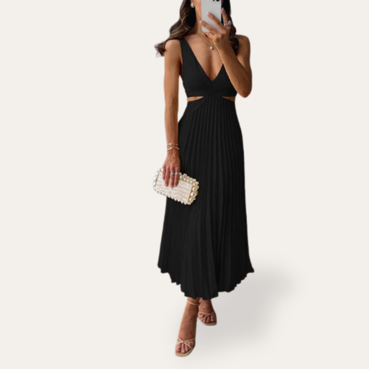 Damen Plisseekleid Midikleid V-Ausschnitt Ärmellos Sommerkleid | Vestea