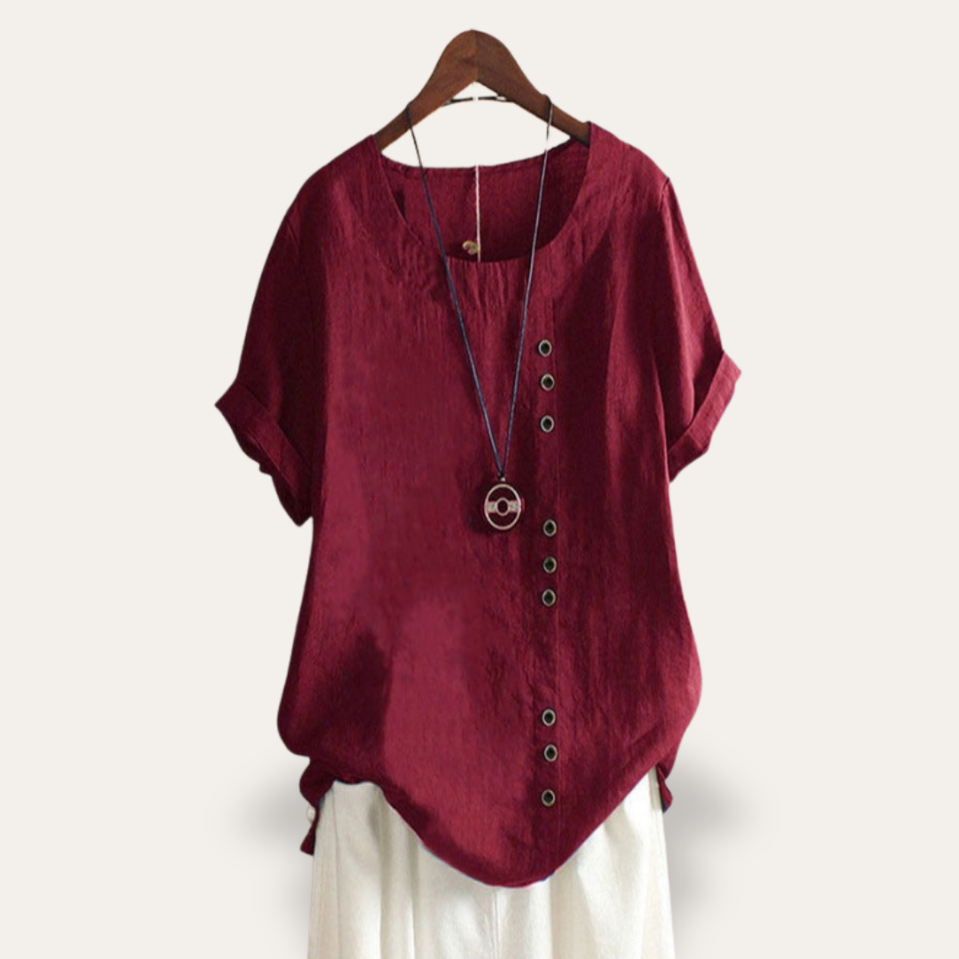 Leinen Damen Bluse mit Knopfleiste Kurzarm Asymmetrisch | Vestea