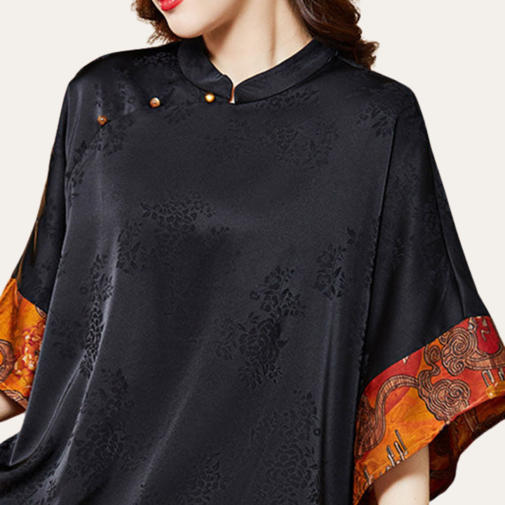 Damen Bluse Kimono Schnitt Muster Stehkragen Kurzarm | Vestea