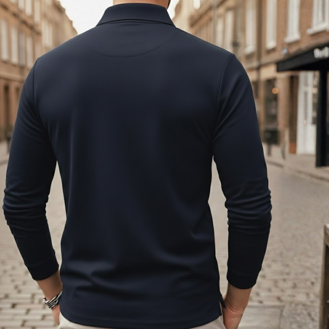Mens long sleeve polo shirt solid color loose fit polyester fabric