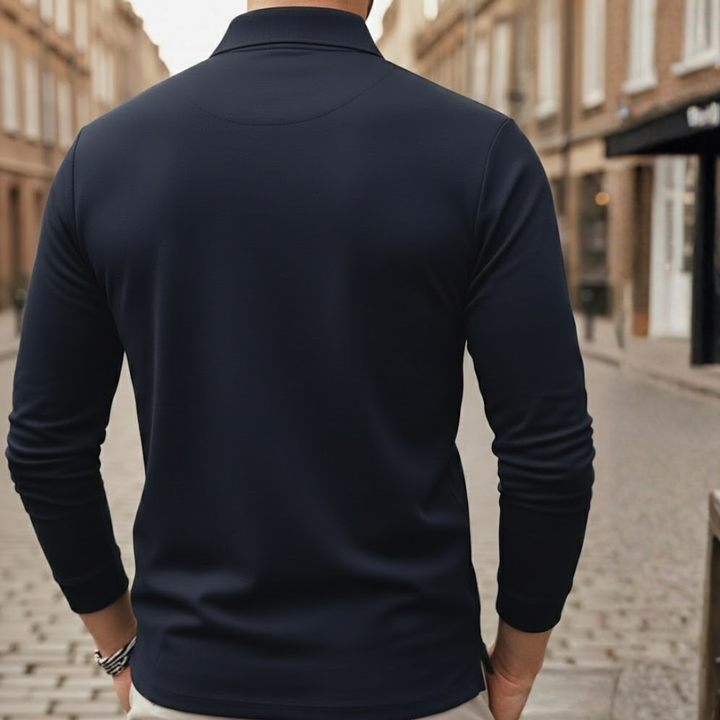 Mens long sleeve polo shirt solid color loose fit polyester fabric