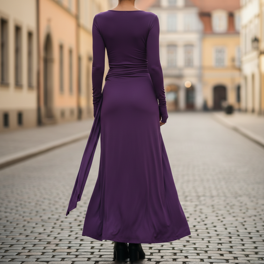 Robe longue à manches longues avec nœud latéral pour femme, longueur au sol