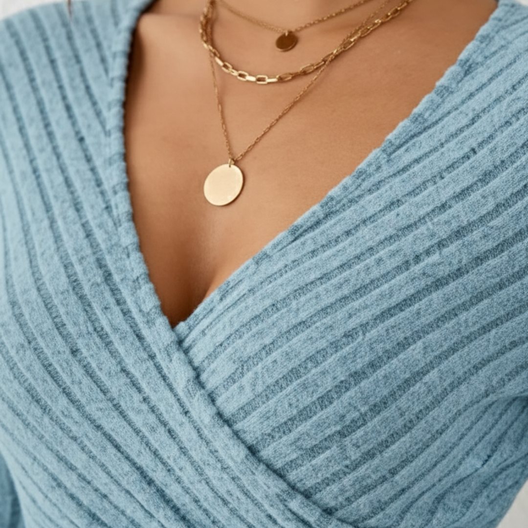 V-Neck Top Long Sleeve Tummy Tucking Womens
