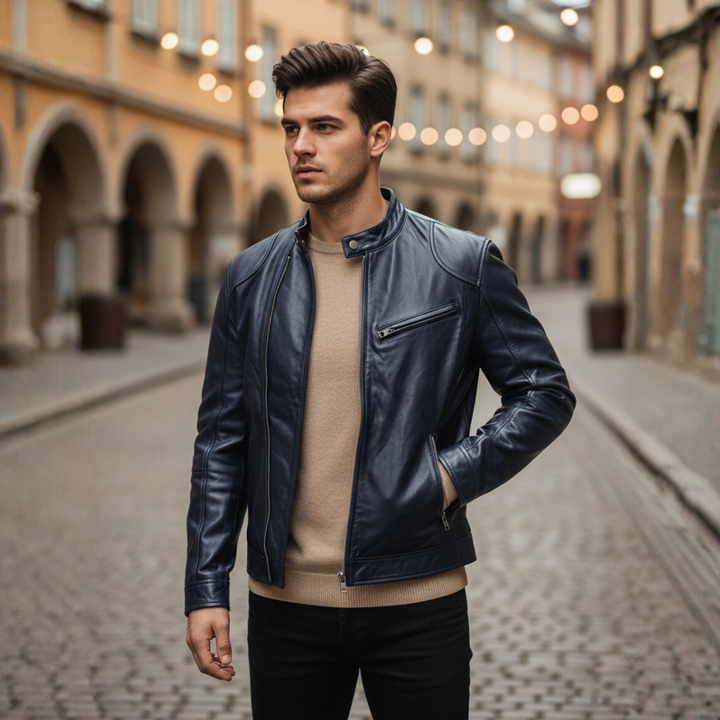 Herren Bikerjacke aus Leder mit Reißverschluss | Vestea