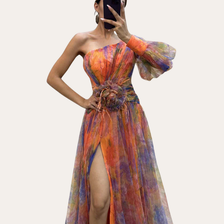 Vestea | Damen Chiffon Abendkleid – One-Shoulder, Bunt, Elegant