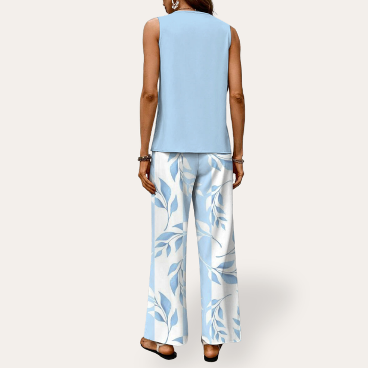 Damen Top mit V-Ausschnitt und weiten Hosen Sommeroutfit | Vestea