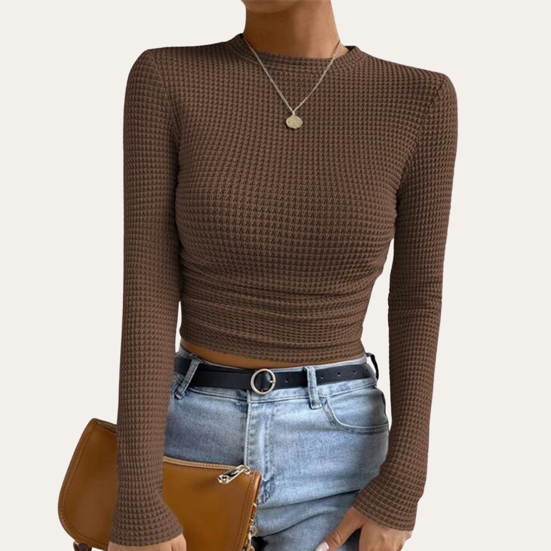 Damen Langarm Crop Top Rippenstrick Figurbetont | Vestea