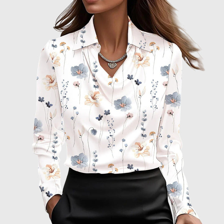 Blouse femme en satin à manches longues, col plissé, boutonnée