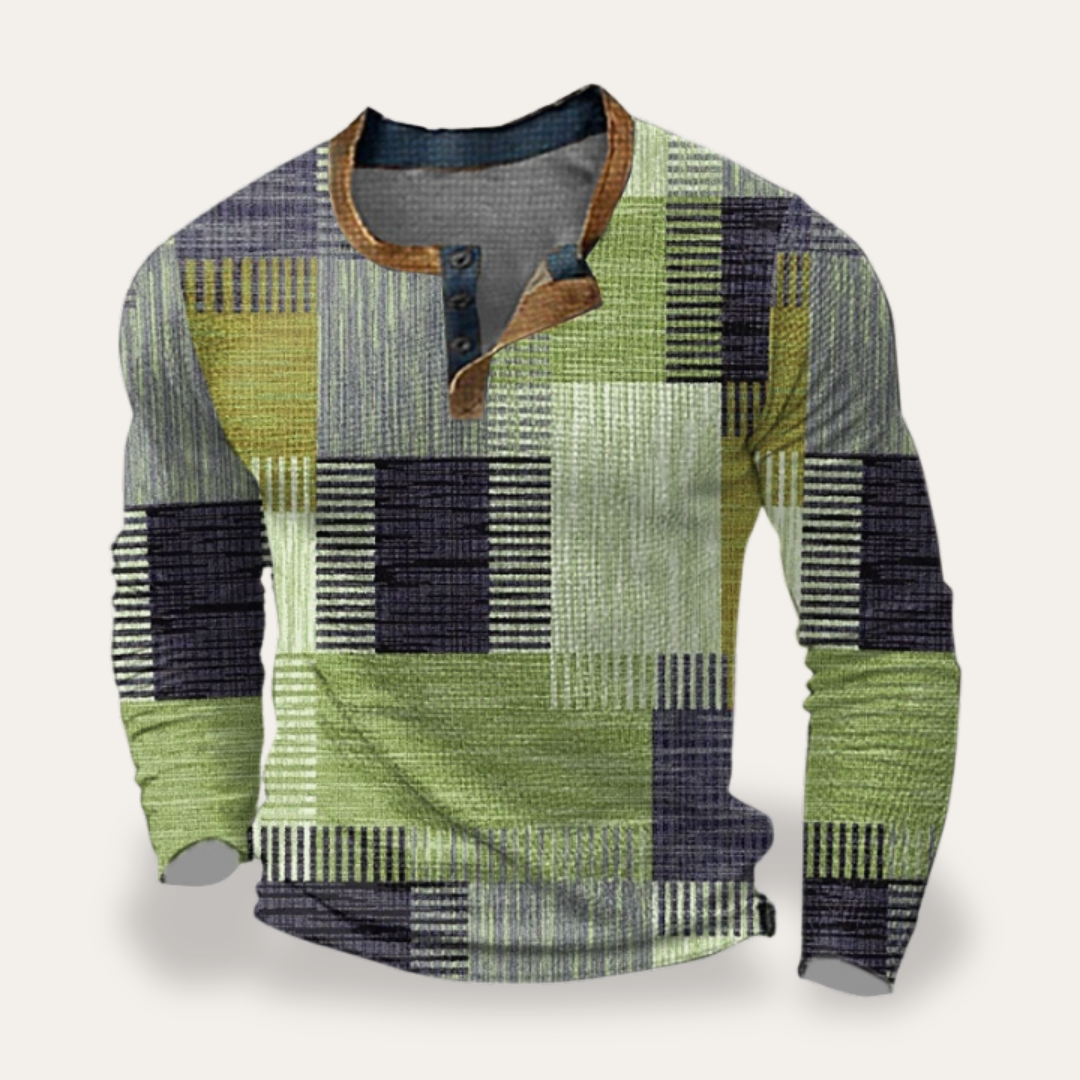 Herren Langarmshirt mit Knopfleiste Patchwork Baumwolle Freizeit | Vestea
