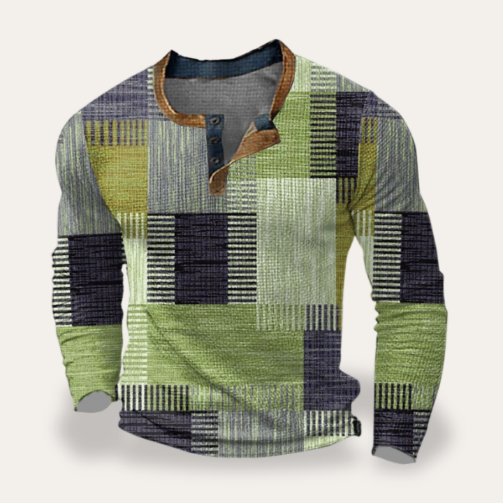 Herren Langarmshirt mit Knopfleiste Patchwork Baumwolle Freizeit | Vestea