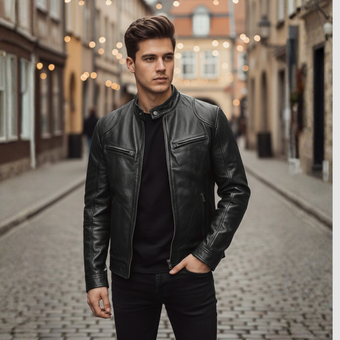 Herren Bikerjacke aus Leder mit Reißverschluss | Vestea