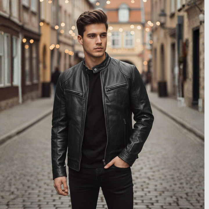 Herren Bikerjacke aus Leder mit Reißverschluss | Vestea