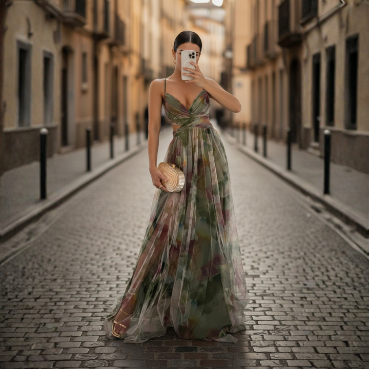 Evening Gown Maxi Floral Print Tulle Sleeveless Womens