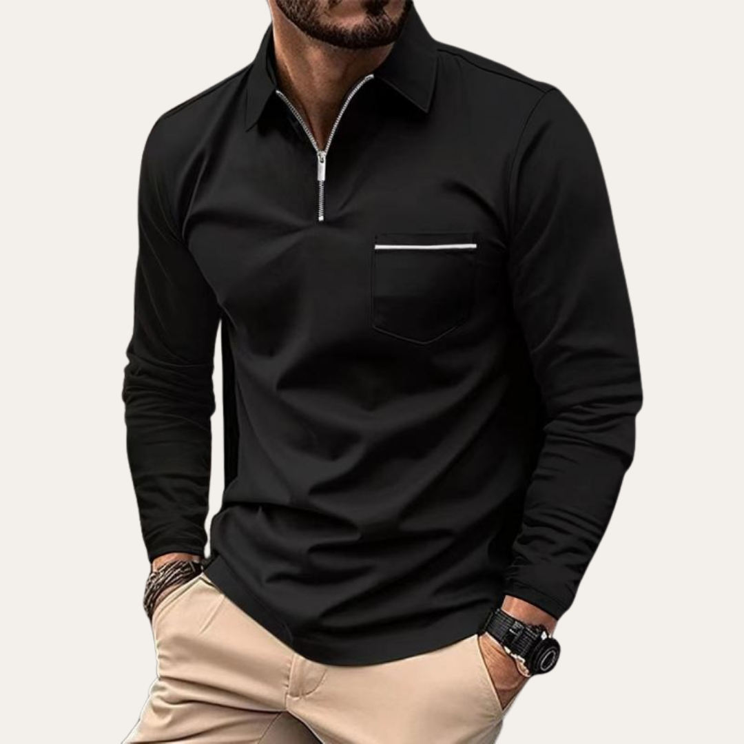 Herren Langarm Poloshirt mit Reißverschluss und Brusttasche | Vestea