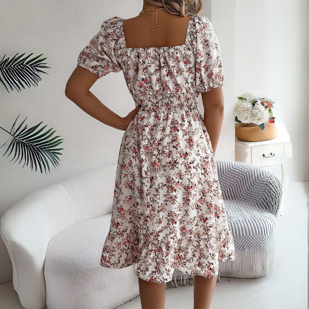 Damen Blumen Midikleid Baumwolle Puffärmel | Vestea