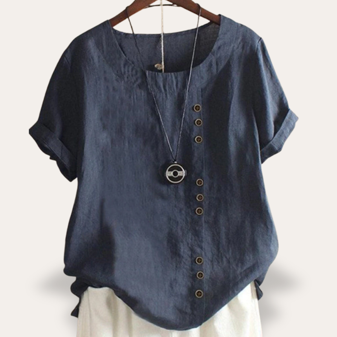Leinen Damen Bluse mit Knopfleiste Kurzarm Asymmetrisch | Vestea