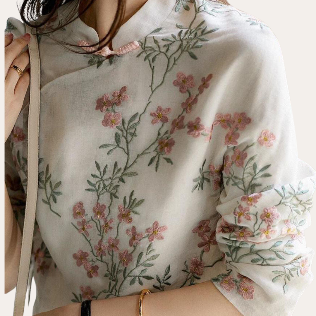 Damen Bluse Leinen Stickerei Langarm Stehkragen Frühling Top Elegant | Vestea