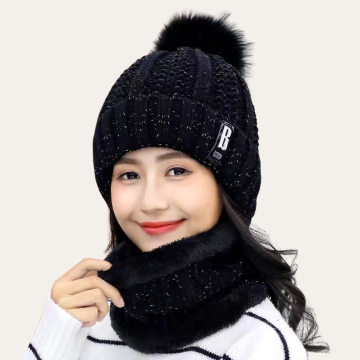 Damen Wintermütze mit Bommel und Strickschal Set | Vestea