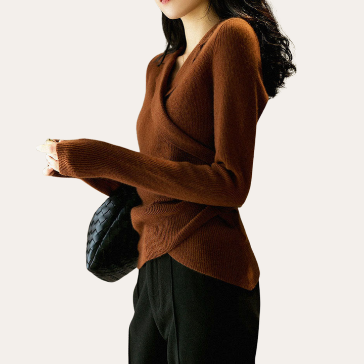 Damen Kaschmir Wickelpullover V-Ausschnitt Strick Langarm | Vestea