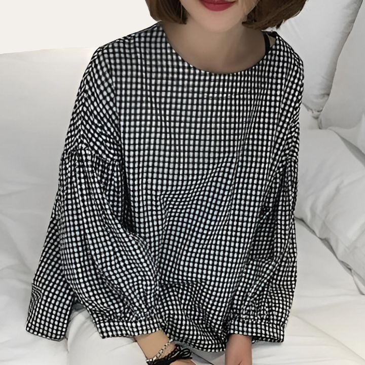 Damen Bluse Oversize Langarm Karomuster Baumwolle Casual Frühling Herbst | Vestea