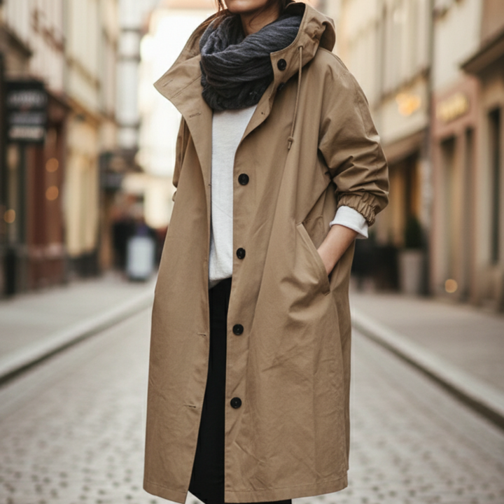 Damen Regenmantel Rot Kapuzenmantel Lang |  Vestea