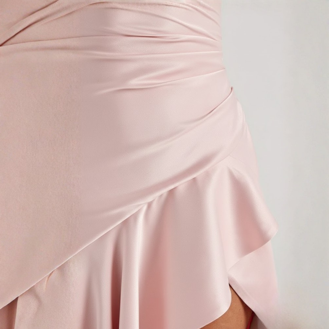 Robe longue en satin rose pour femme, col bénitier, ourlet asymétrique