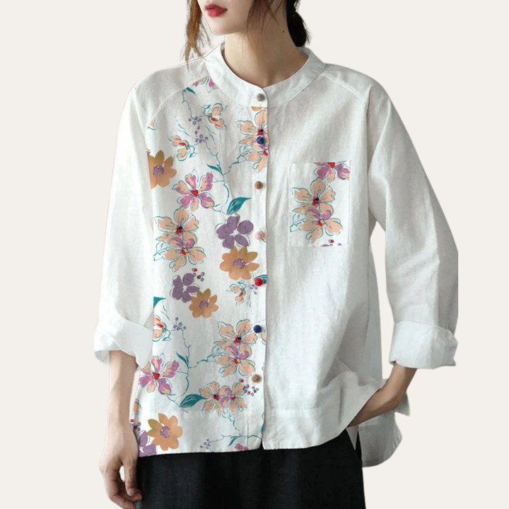 Damen Leinen Bluse mit Muster Langarm Freizeit Hemdkragen Shirt | Vestea