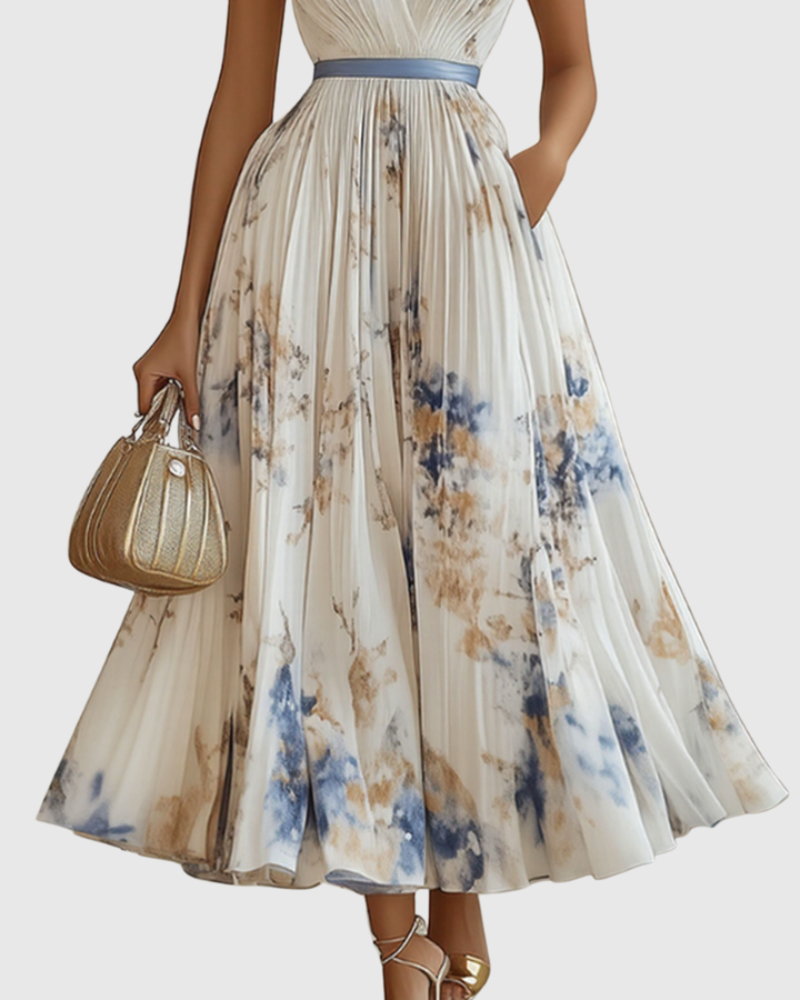 Vestido Maxi para Mujer de Satén Plisado con Escote en V, Manga Larga y Cintura Ajustable