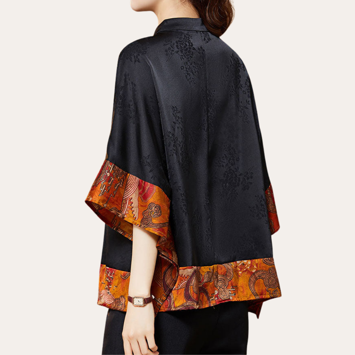 Damen Bluse Kimono Schnitt Muster Stehkragen Kurzarm | Vestea