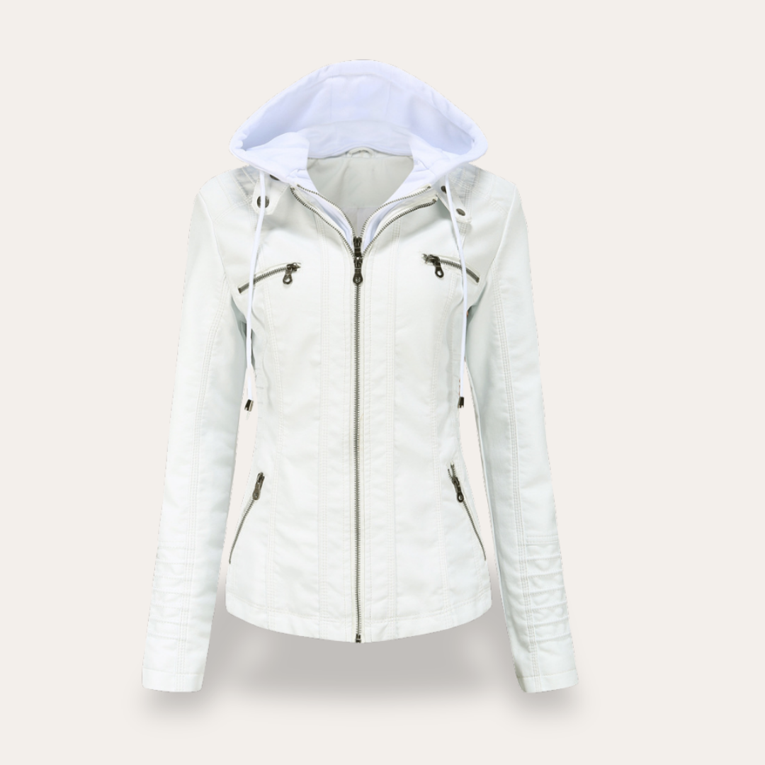 Damen Bikerjacke mit Kapuze Kunstleder Reißverschluss Slim Fit | Vestea