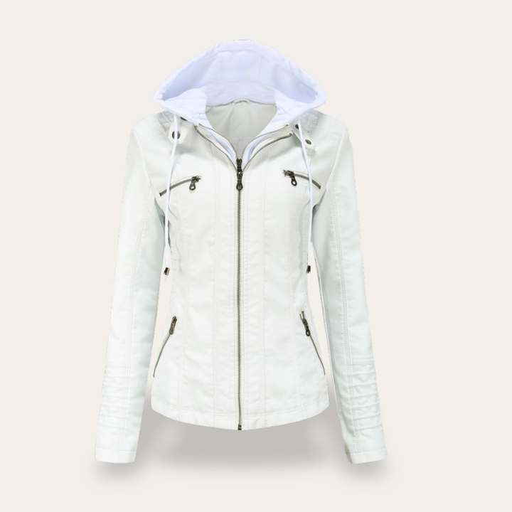 Damen Bikerjacke mit Kapuze Kunstleder Reißverschluss Slim Fit | Vestea