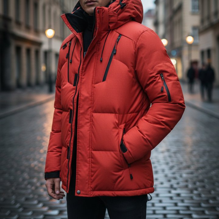Winter down jacket for men with hood and zipper | Vestea