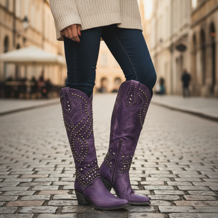 Damen Orthopädische Kniehohe Stiefel mit Nieten | Vestea