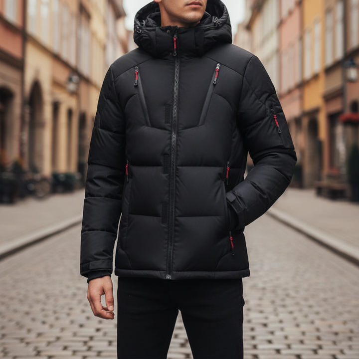 Winter down jacket for men with hood and zipper | Vestea