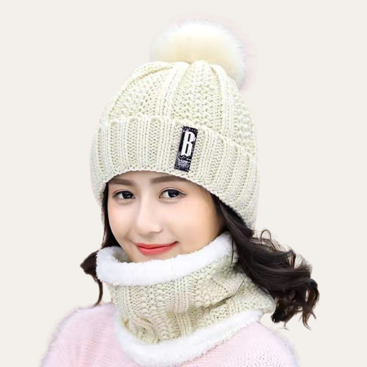 Damen Wintermütze mit Bommel und Strickschal Set | Vestea
